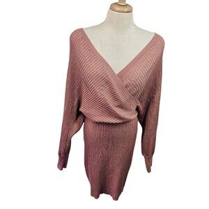 Love Tree Blush Pink Sweater Dress Sz L Blouson Waist Off Shoulder Surplice Neck